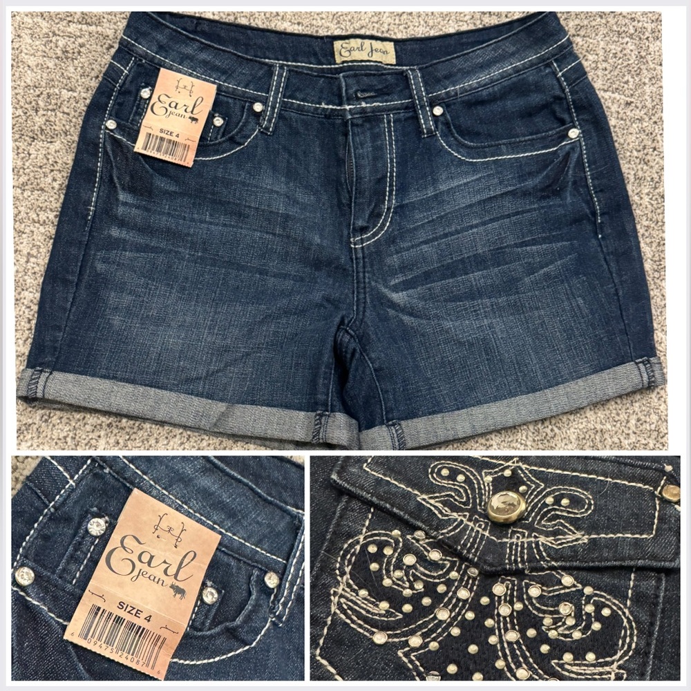 Earl Jeans Blue Jean embellished rhinestone Shorts Cuffed Hem Sz 4 NWT